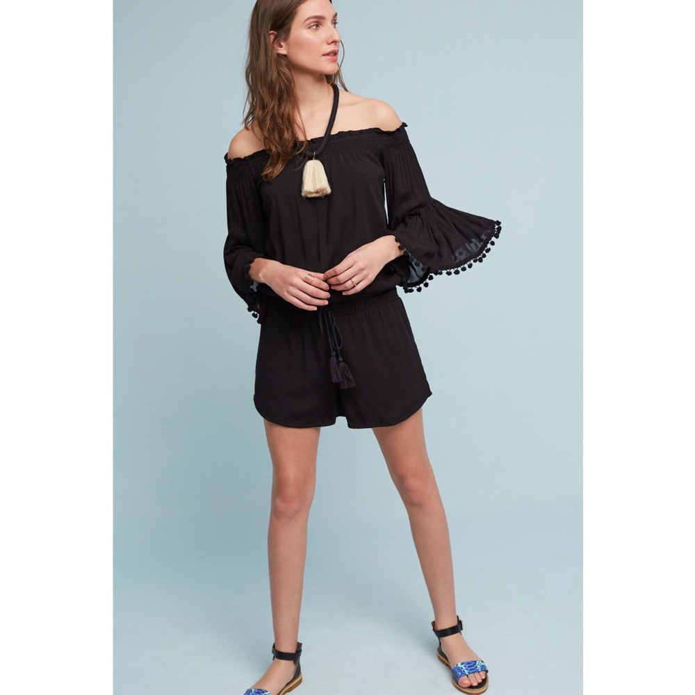 Lilka Pom-Trimmed Off-the-Shoulder Black Romper
